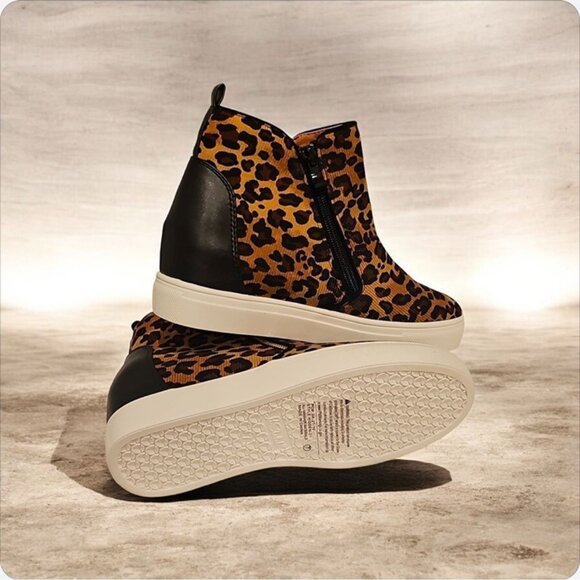 Leopard Print Side-Zip Wedge Sneakers For Women Faux Leather Upper Rubber Sole - Picture 4 of 10